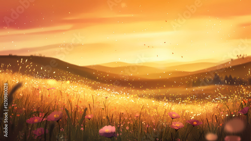 Serene sunset in a wildflower-filled meadow with soft focus and warm golden light, flower fields, gradient. Golden Meadow. Illustration photo