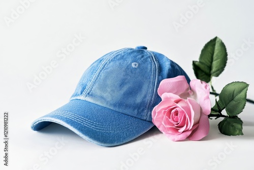 Stylish blue baseball cap on white background. photo