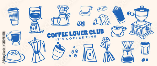 Hand Drawn Coffee Cup, Coffee Shop Clip Art Doodle Line Drawing Latte, Americano, Cappuccino, Street Coffee, Coffee Machine, Caffeine, Coffee Icons, Brunch Food Vector 