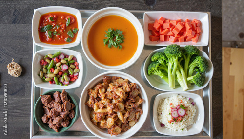 Colorful gourmet meal on tray with diverse dishes, culinary delight photo