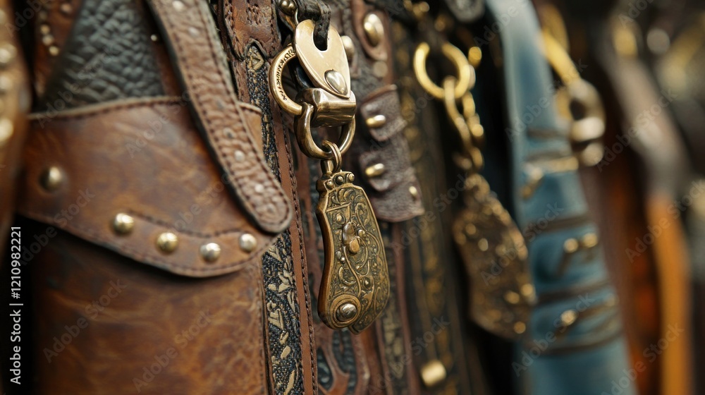 Close-up of ornate leather accessories with metal details. Close-up of ornate leather accessories with metal details.