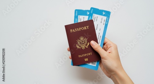 Banner with hand holding passport and boarding pass. Air travel concept. Documents necessary for flying
