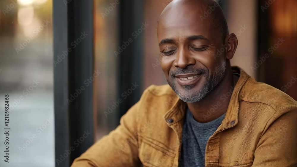 Relaxed smiling man outdoors enjoying sunset at cozy cafe