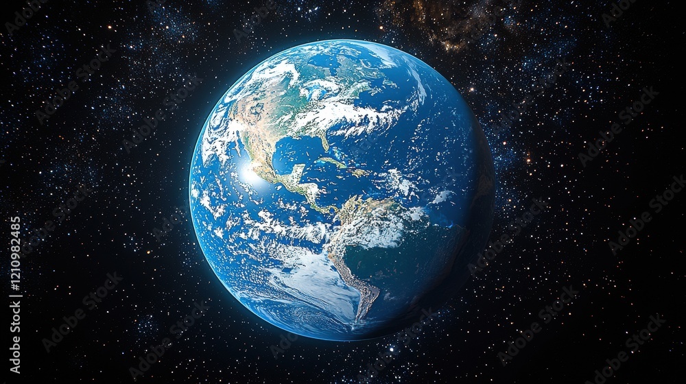 Naklejka premium View of Earth from space showcasing the continents and oceans under a starry sky