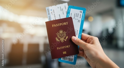 Banner with hand holding passport and boarding pass. Air travel concept. Documents necessary for flying