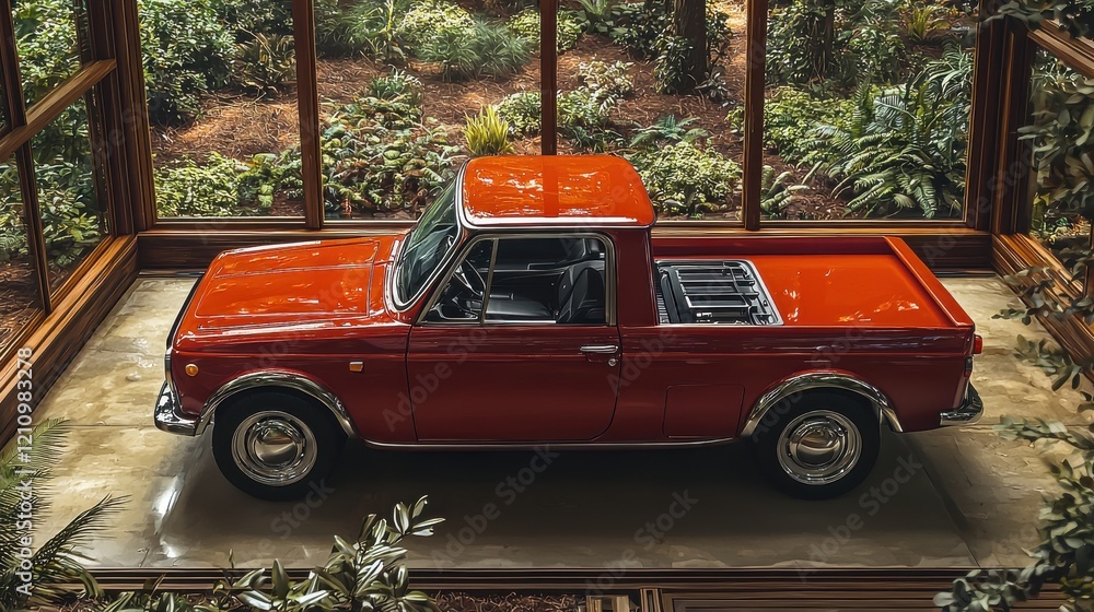 Fototapeta premium Classic red pickup truck displayed in a lush indoor garden filled with greenery