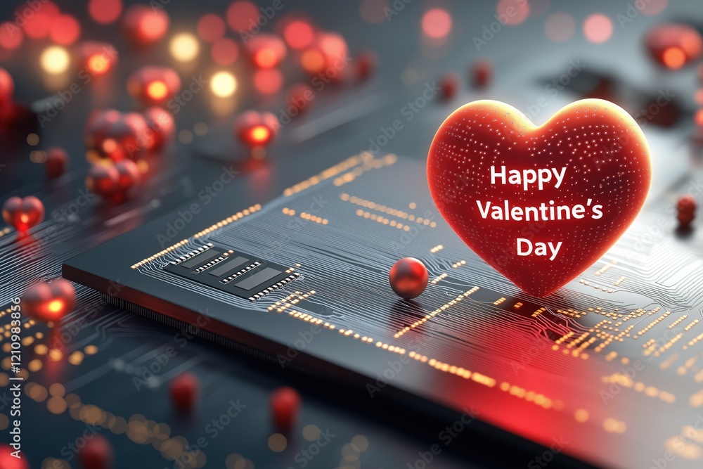 Glowing red heart on circuit board, Valentines day, greeting card Glowing red heart on circuit board, Valentines day, greeting card