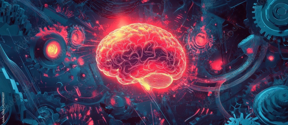 Glowing brain within intricate machinery. Glowing brain within intricate machinery.