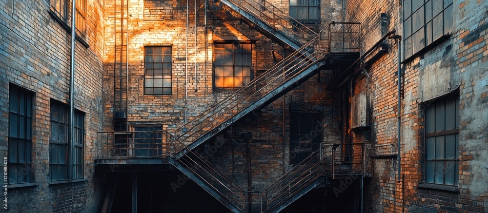 Rusty metal fire escape between aged brick buildings. Rusty metal fire escape between aged brick buildings.