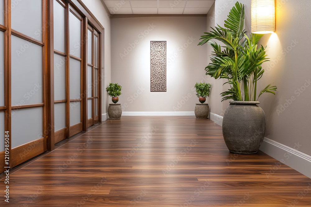 Fototapeta premium serene Japanese hallway featuring wooden flooring, shoji doors, and decorative plants creates calming atmosphere. warm lighting enhances tranquil environment