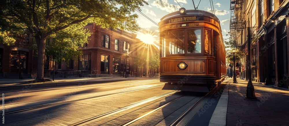 Fototapeta premium Vintage streetcar on city street at sunset.
