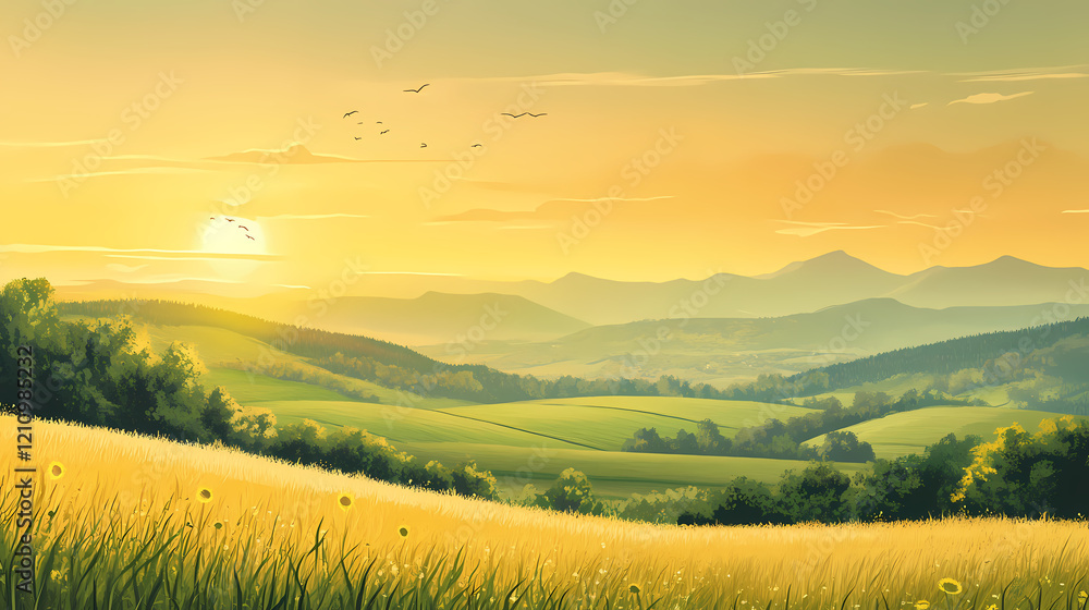Obraz premium Golden hour sunrise over rolling hills and farmland in rural countryside landscape. Golden Meadow. Illustration