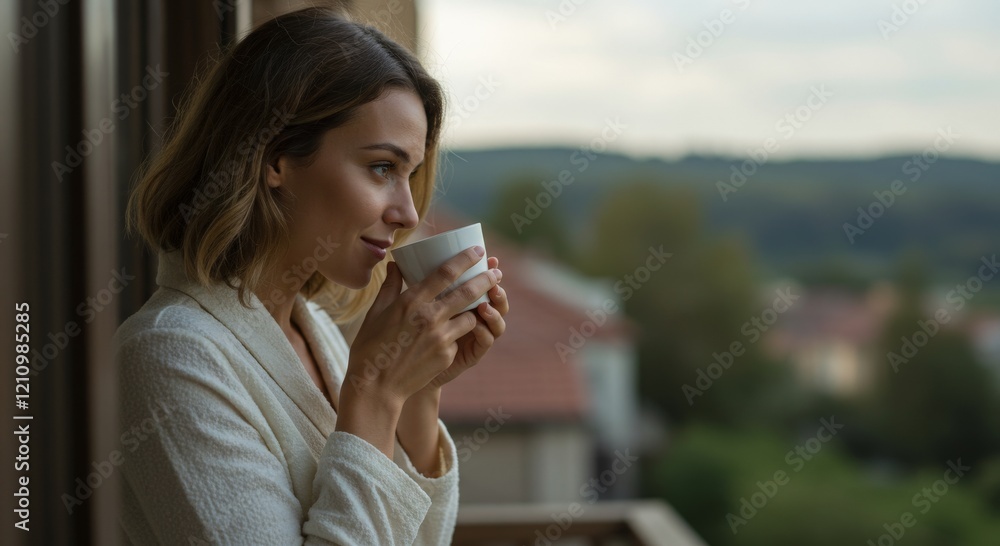A serene scene of a woman standing on a balcony, enjoying her coffee and the view A serene scene of a woman standing on a balcony, enjoying her coffee and the view
