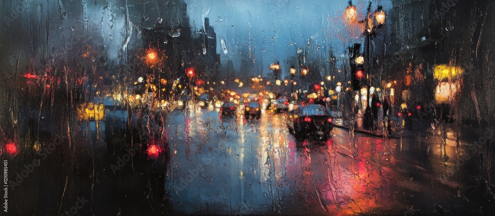 Fototapeta premium Rainy night city street scene viewed through wet window.