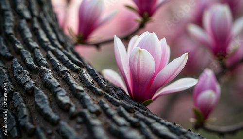 Rough tree bark with pink magnolia flowers in soft focus
