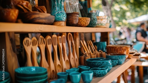 Wallpaper Mural Wooden and ceramic tableware displayed on shelves at a market. Torontodigital.ca