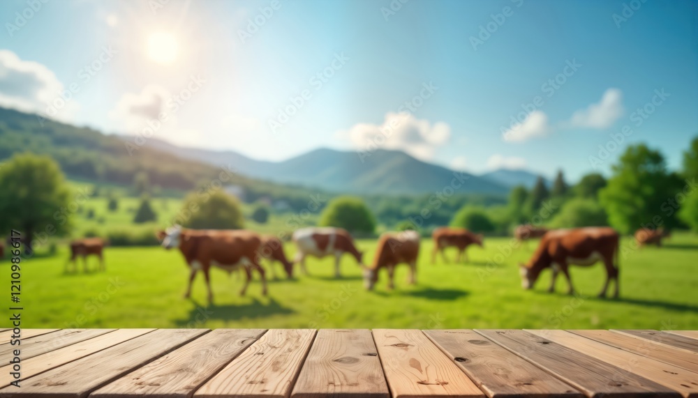 Naklejka premium Empty wooden table top in front of blurred background of cows grazing in green pasture. Rural landscape with hills, trees. Sunny day with beautiful sky. Ideal for food products beverages, potentially