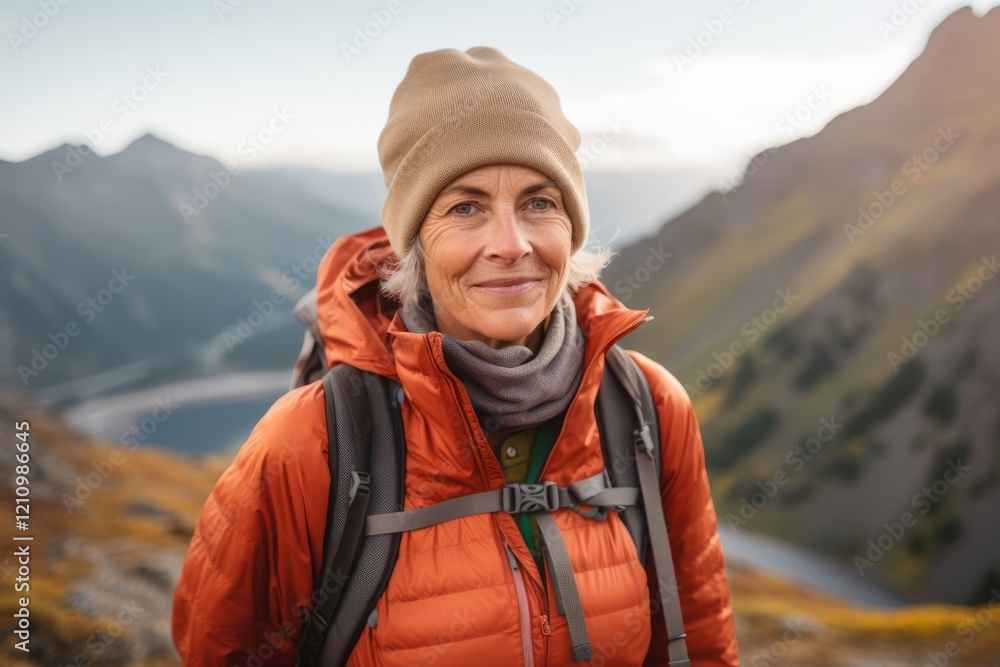 Portrait of a senior woman with a backpack on the background of mountains. Portrait of a senior woman with a backpack on the background of mountains.