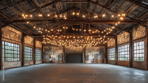 Spacious industrial warehouse interior with exposed beams, large windows, and Edison bulb lighting.