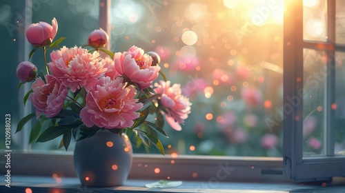 Pink peony flower and window with sun light copy space blurred background