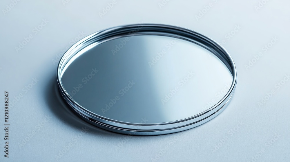 Chrome circular mirror on pale background, reflection, studio shot, product display Chrome circular mirror on pale background, reflection, studio shot, product display