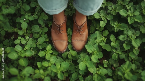 Brown leather shoes standing on lush green grass, celebrating nature and eco-friendly living.
