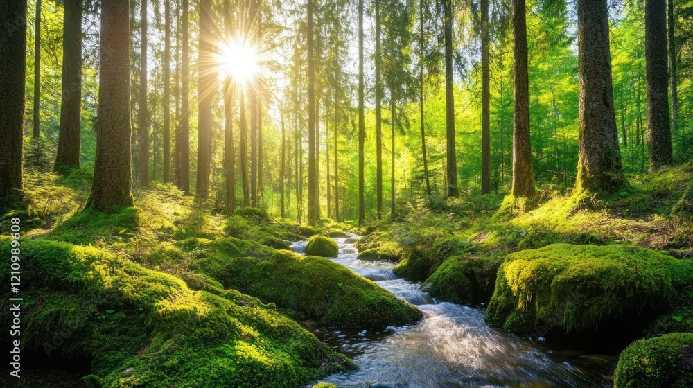 Obraz premium Sunlit stream flows through mossy green forest.