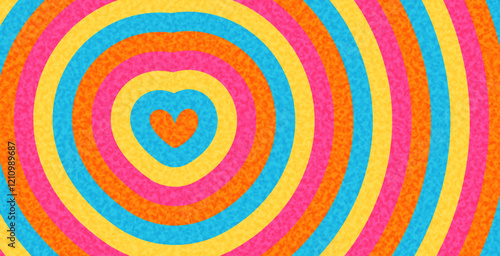 A playful orange heart surrounded by colorful concentric rings in blue, yellow, pink, and orange tones. Energetic and fun for creative designs.