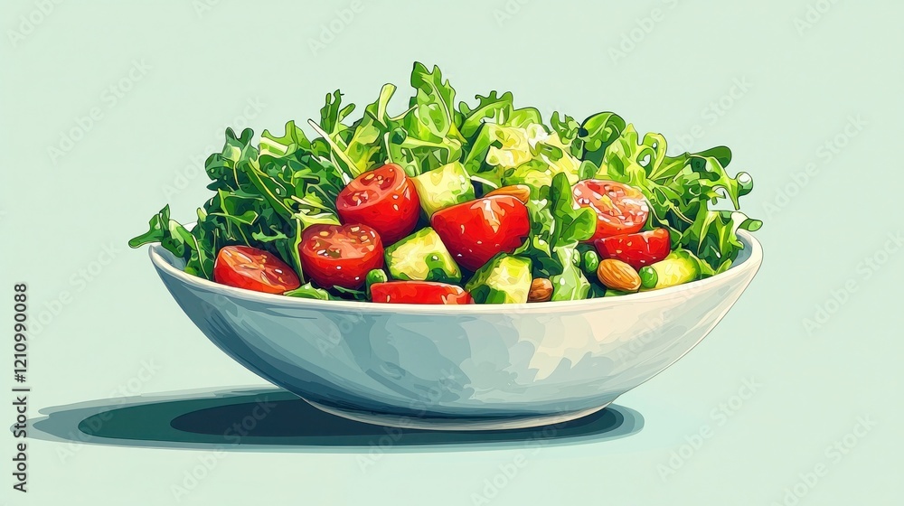 Wholesome Grain-Free Salad Bowl with Fresh Greens, Nuts, Seeds, and Dressing - 2D Flat Illustration Wholesome Grain-Free Salad Bowl with Fresh Greens, Nuts, Seeds, and Dressing - 2D Flat Illustration
