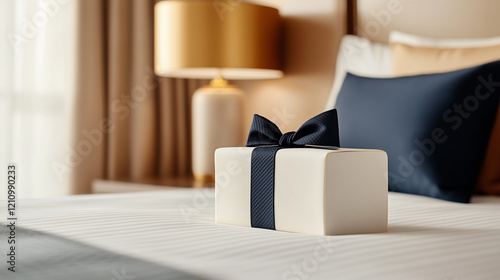 Elegant gift box with a dark ribbon placed on a neatly made bed in a beautifully decorated hotel room, perfect for special occasions and celebrations.