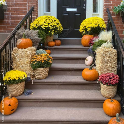 Φωτογραφία New York apartment stoop decorated for Halloween, featuring cute pumpkins and festive touches