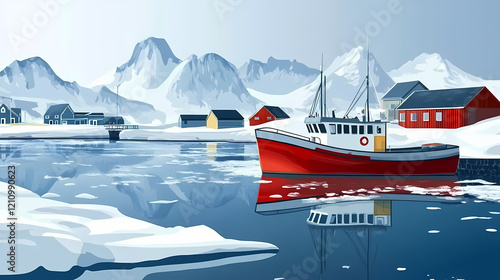 Icy harbor in islandic fjord. Icy Fjord. Illustration