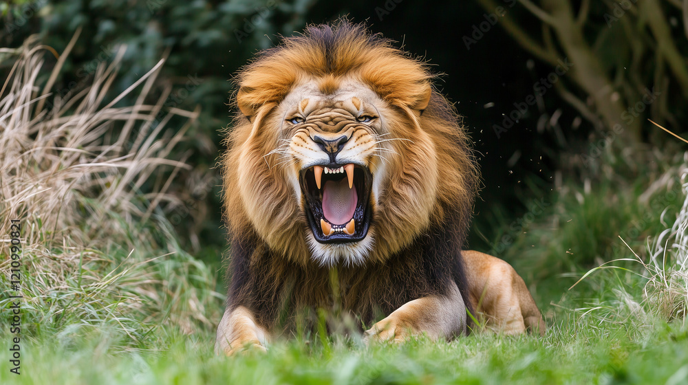 Majestic Male African Lion Roaring in Grassland Powerful Wildcat King of Jungle Wildlife Photography Nature Scene Animal Portrait Majestic Male African Lion Roaring in Grassland Powerful Wildcat King of Jungle Wildlife Photography Nature Scene Animal Portrait