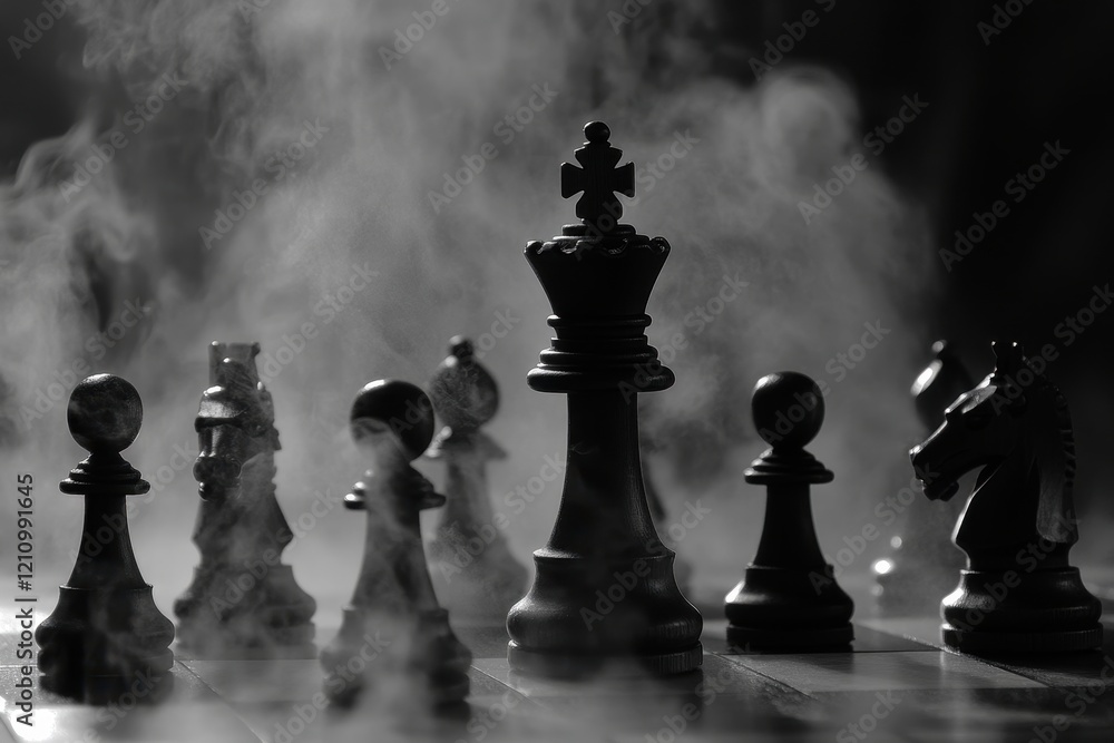 A Mysterious Chess Game Shrouded in Smoke with Black and White Pieces Evoking Strategy and Intellect in a Dark Surreal Atmosphere A Mysterious Chess Game Shrouded in Smoke with Black and White Pieces Evoking Strategy and Intellect in a Dark Surreal Atmosphere