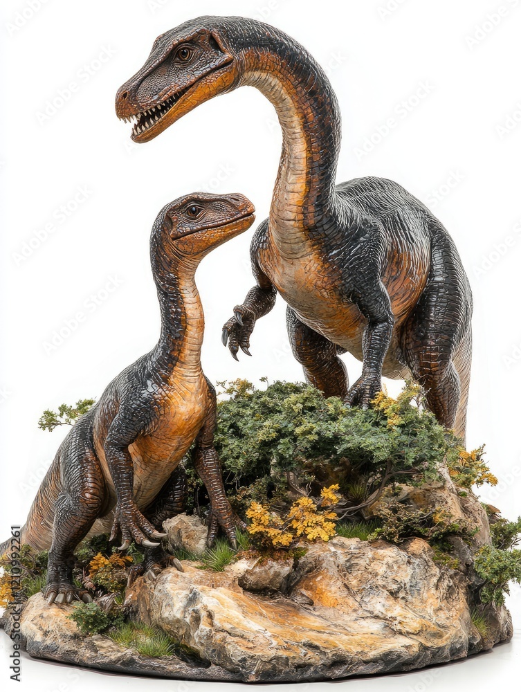 Fototapeta premium Dinosaur family statue, prehistoric scene, wildlife, collectible model, studio shot