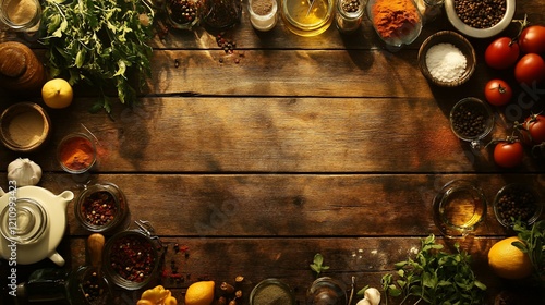 Rustic kitchen table, spices, herbs, and ingredients border, sunlight, cooking background, food blog photo