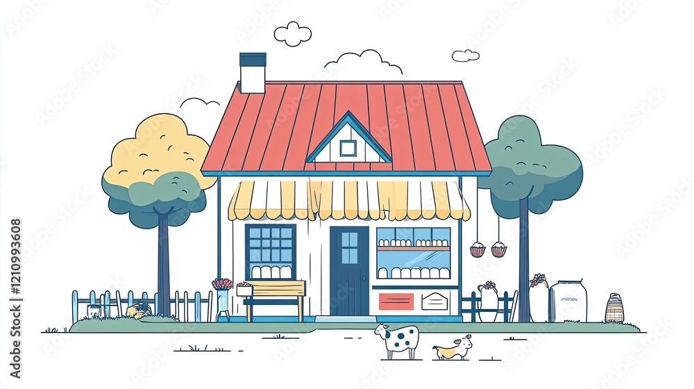 Charming Country Dairy Store with Red Roof and Trees Charming Country Dairy Store with Red Roof and Trees