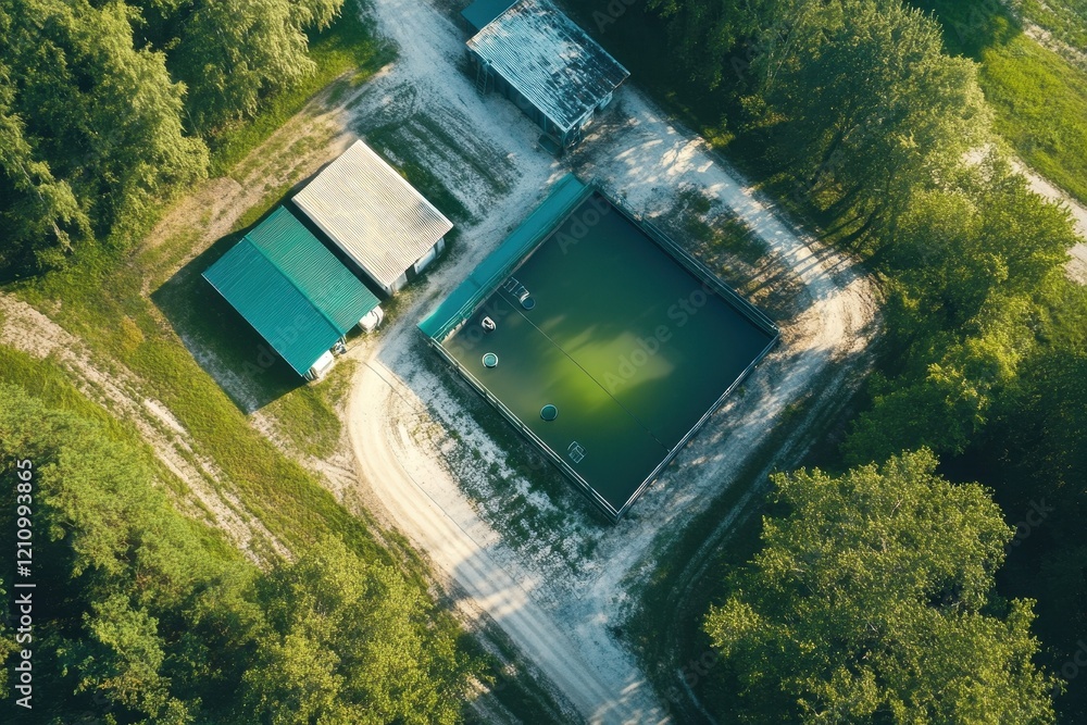 Aerial view of a water reservoir in a forest. Illustrates rural water management or environmental conservation. Aerial view of a water reservoir in a forest. Illustrates rural water management or environmental conservation.
