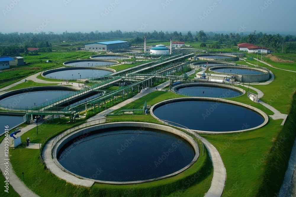 Aerial view of a modern wastewater treatment plant. Illustrates efficient water recycling and purification processes.
