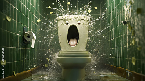 Toilet overflowing with shocked expression bathroom humor image indoor close-up comedic concept