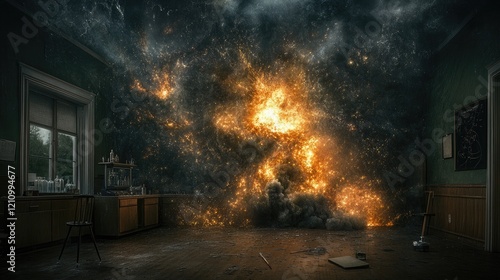 Cosmic explosion in old science lab; research, chaos, mystery. For science fiction, fantasy