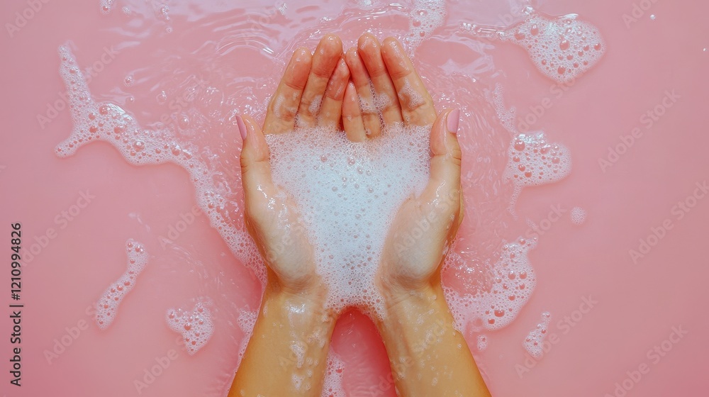Fototapeta premium Hands cupped with fluffy white lather in pink water. Ideal for beauty, hygiene, and skincare product promotions.