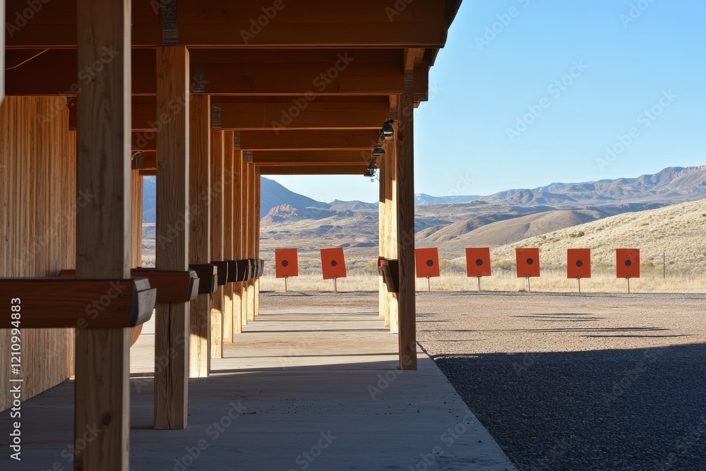 A Well-Designed Outdoor Shooting Range Featuring Target Boards Set Against a Stunning Mountain Landscape with Clear Blue Sky A Well-Designed Outdoor Shooting Range Featuring Target Boards Set Against a Stunning Mountain Landscape with Clear Blue Sky