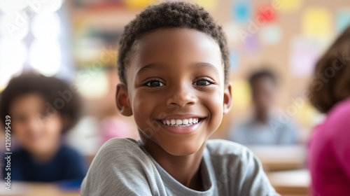 Wallpaper Mural A joyful boy sits at a classroom desk, smiling brightly while engaging in his studies. Colorful decorations and classmates are visible in the background, enhancing the lively atmosphere. Torontodigital.ca