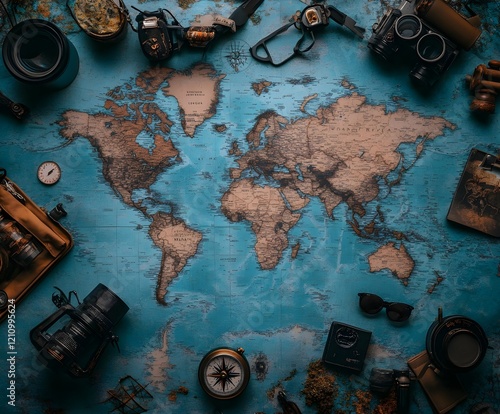 Flat lay of a world map with scattered travel icons like a compass and binoculars.