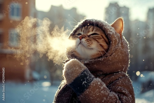 Animal welfare. Entertaining pets. Happy cute adult cat american bobtail in winter warm clothes, frosty breath from nose and mouth in chilly air. Kitten winter outfit. Cozy kitten nest. photo