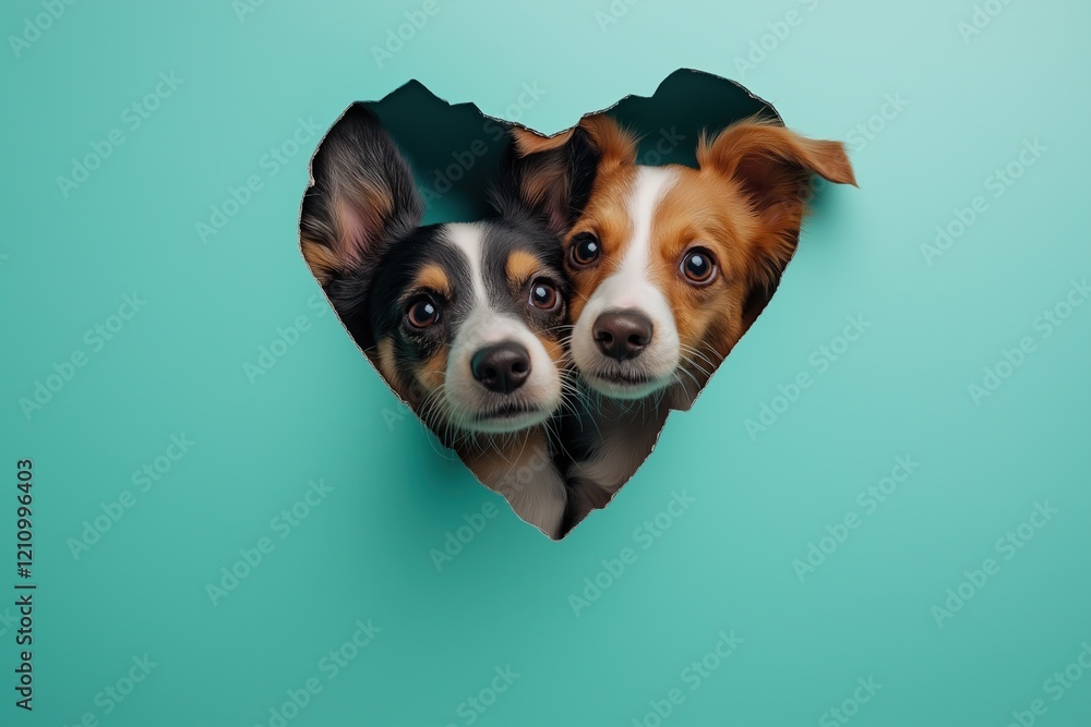 Two dogs peeking out of a hole in a blue paper in shape of heart. Valentine's day, love concept. Two dogs peeking out of a hole in a blue paper in shape of heart. Valentine's day, love concept.