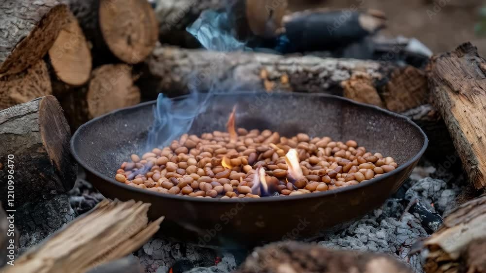 Roasting coffee beans over campfire with smoky aroma emanating outdoors Roasting coffee beans over campfire with smoky aroma emanating outdoors