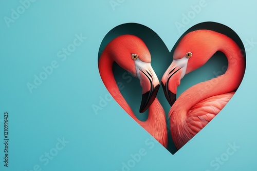 Two flamingos in the form of a heart on a blue background