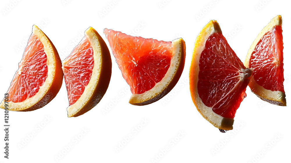 grapefruit wedges suspended in a dynamic arrangement in the air on black background in style of award winning food photo grapefruit wedges suspended in a dynamic arrangement in the air on black background in style of award winning food photo